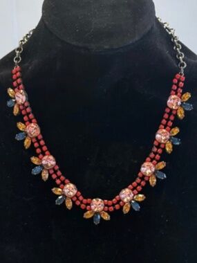 TOVA - Multicolour Crystal Floral Statement Necklace in Antique Silver - 18 in.